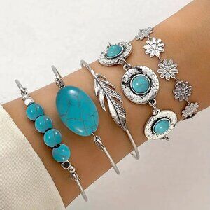 BJ 5 PC Vintage Look Turquoise Inlaid Cuff Bracelet Set